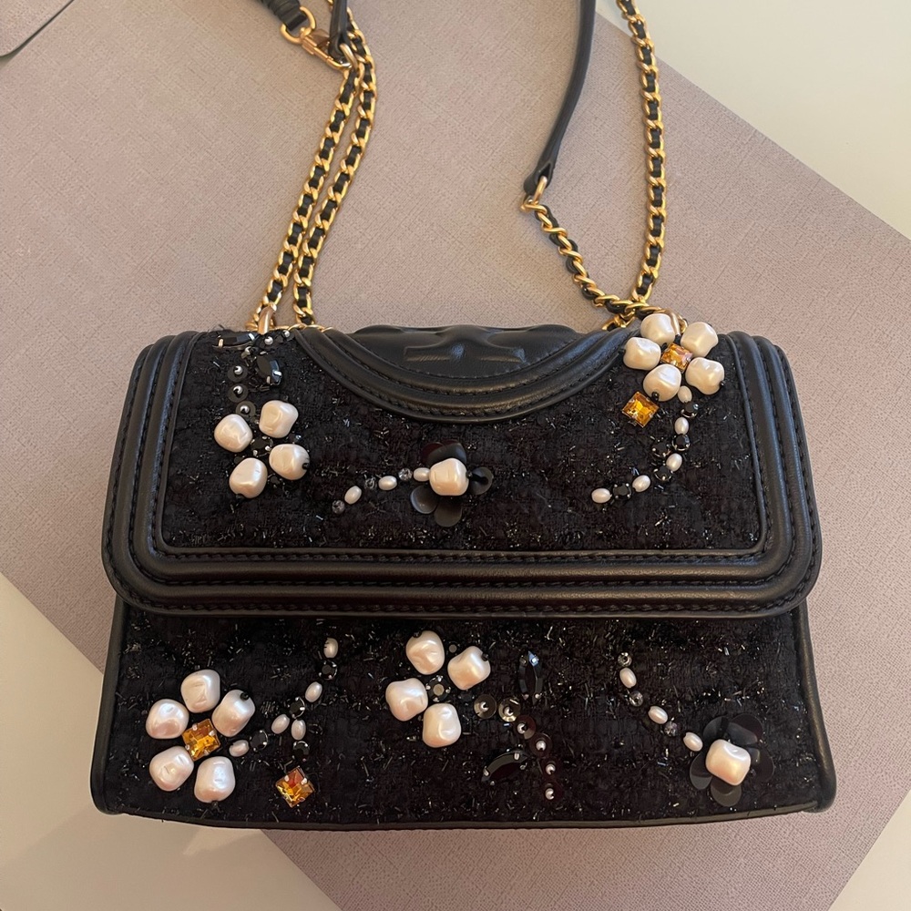 Tory Burch Fleming Embellished Tweed Crossbody bag (small)